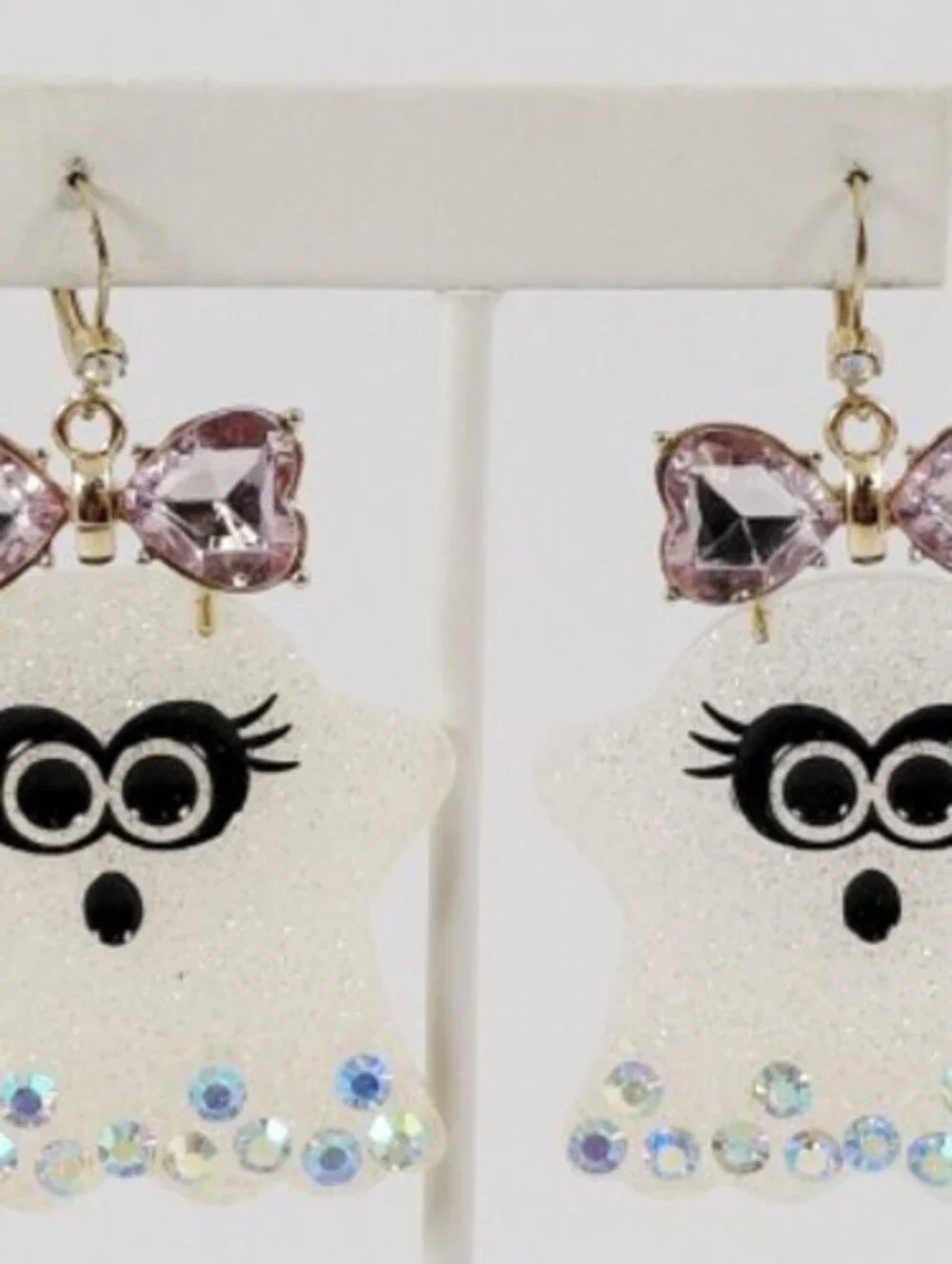 Betsey Johnson Cute Ghost Earrings with Pink Bow Accent and Rhinestones